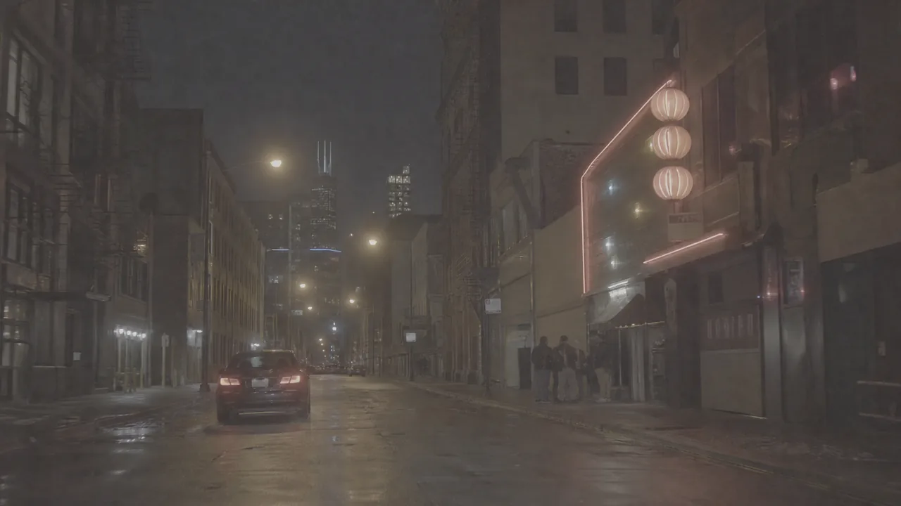 调色前的夜景街道画面，灰暗低对比的原始素材
